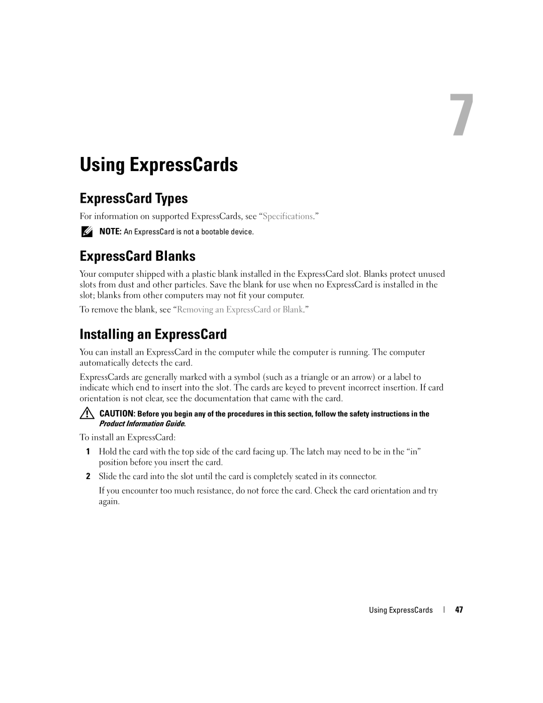 Dell 1300 owner manual Using ExpressCards, ExpressCard Types, ExpressCard Blanks, Installing an ExpressCard 