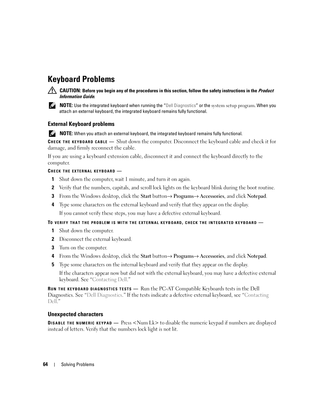 Dell 1300 owner manual Keyboard Problems, External Keyboard problems, Unexpected characters 