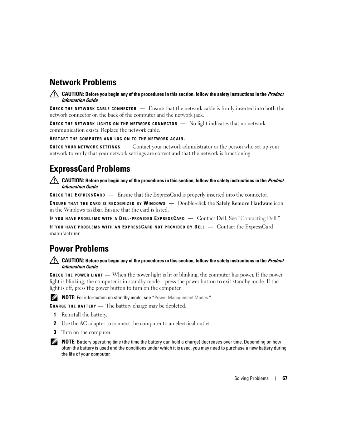 Dell 1300 owner manual Network Problems, ExpressCard Problems, Power Problems 