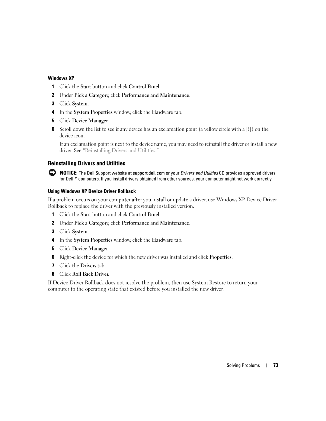 Dell 1300 owner manual Reinstalling Drivers and Utilities, Using Windows XP Device Driver Rollback 