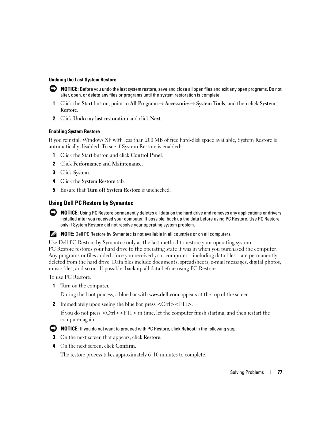 Dell 1300 owner manual Using Dell PC Restore by Symantec 