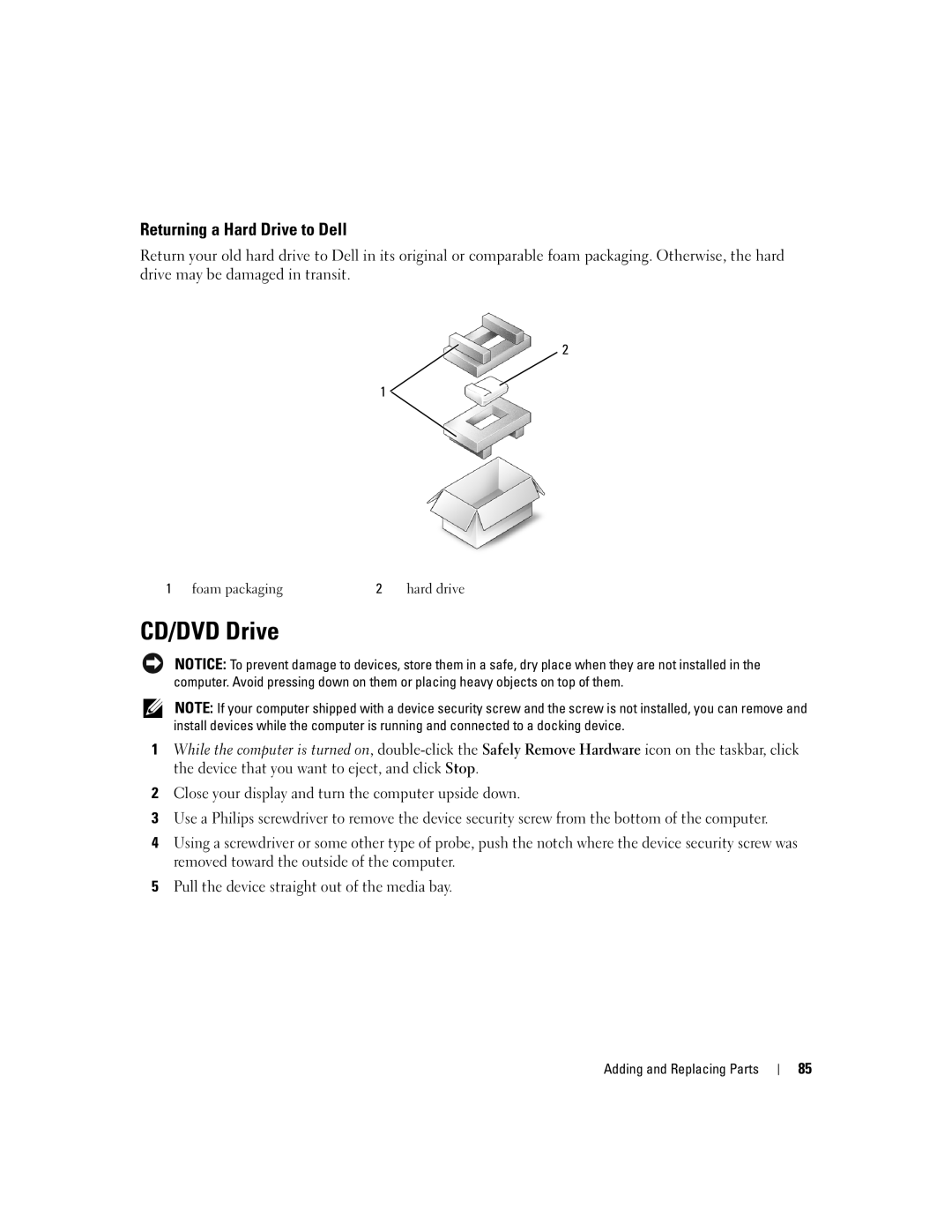 Dell 1300 owner manual CD/DVD Drive, Returning a Hard Drive to Dell 