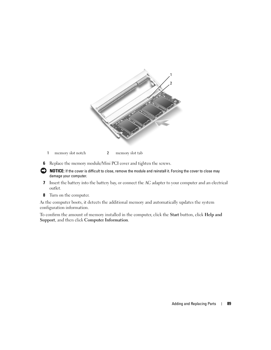 Dell 1300 owner manual Memory slot notch 