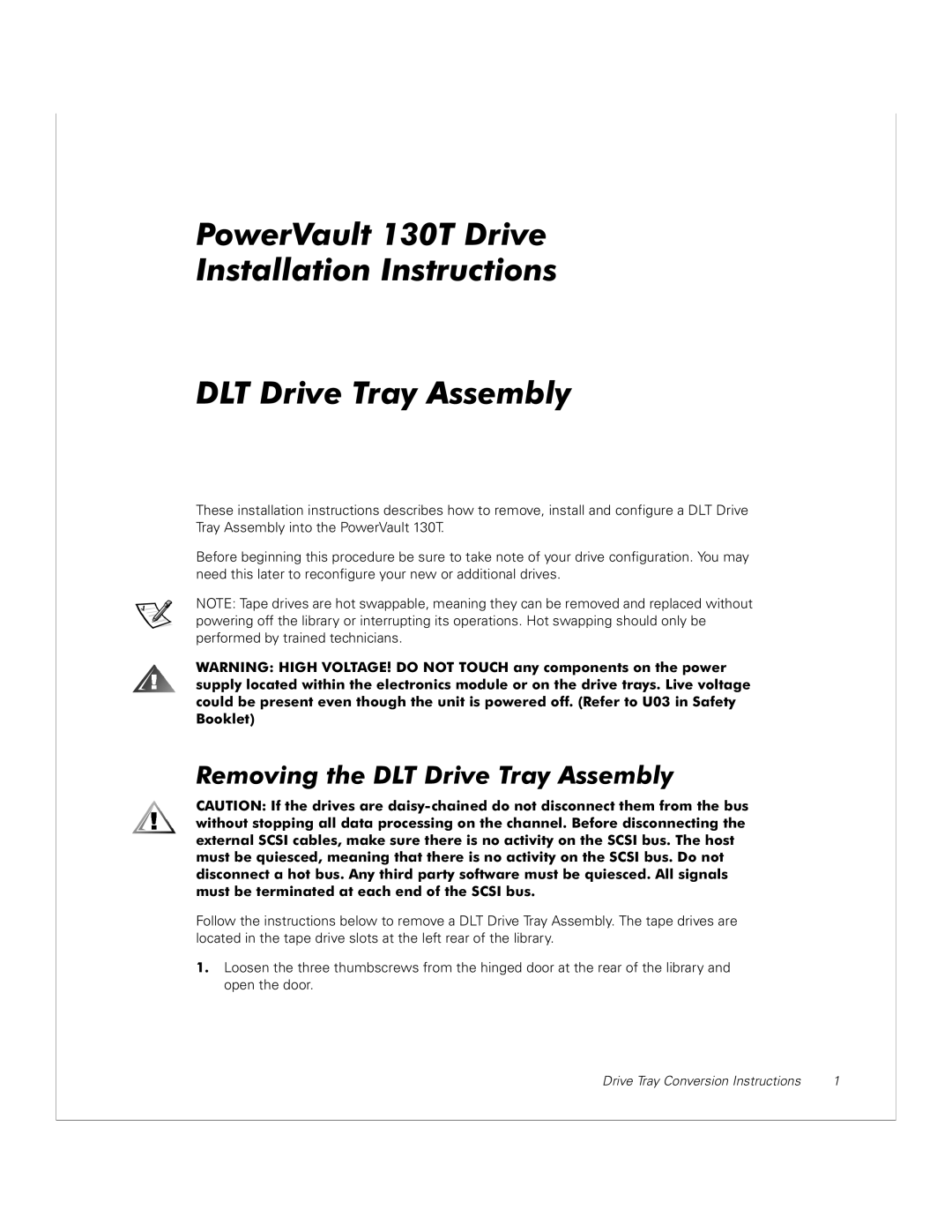 Dell 130T manual Removing the DLT Drive Tray Assembly 