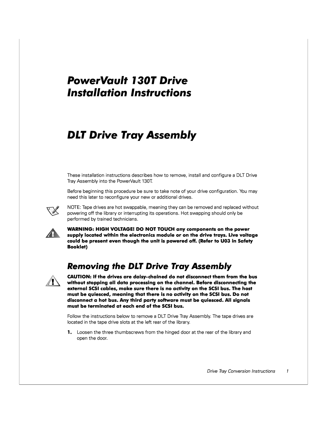 Dell manual Removing the DLT Drive Tray Assembly, PowerVault 130T Drive Installation Instructions 
