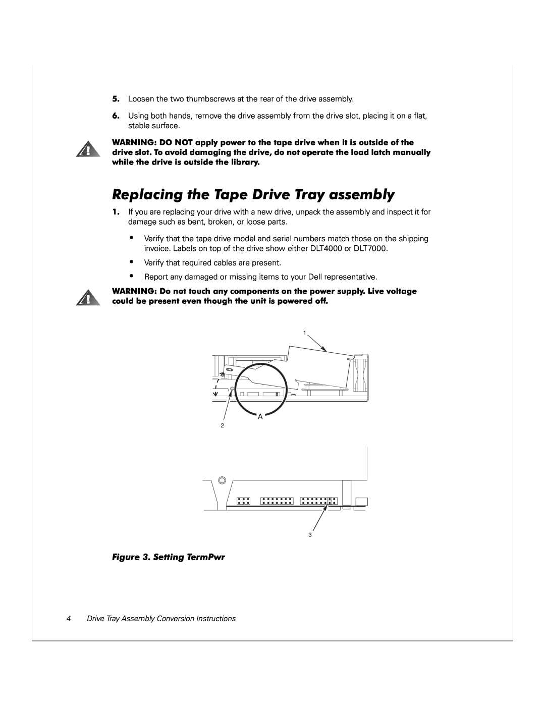 Dell 130T manual Replacing the Tape Drive Tray assembly, Setting TermPwr 