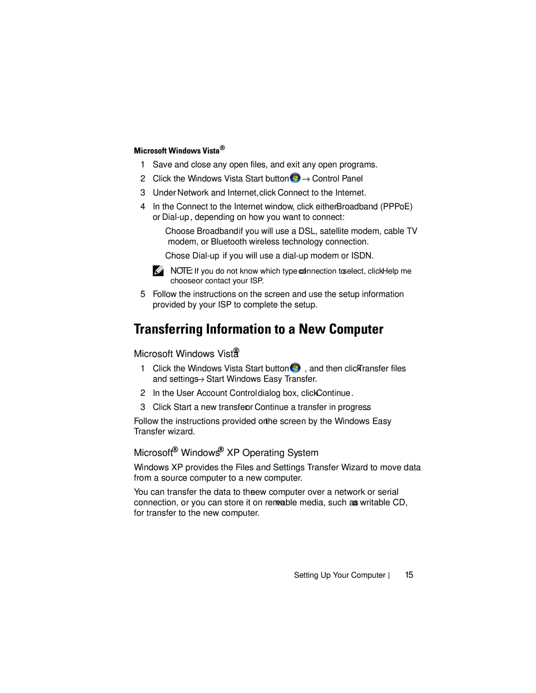 Dell 1310 Transferring Information to a New Computer, Microsoft Windows Vista, Microsoft Windows XP Operating System 