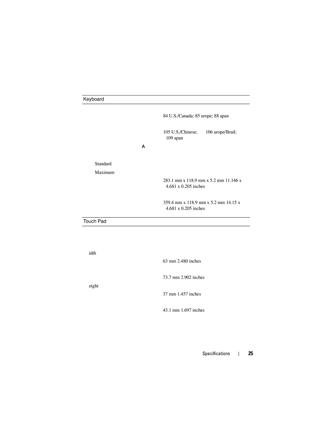 Dell 1310 specifications Keyboard Number of keys 