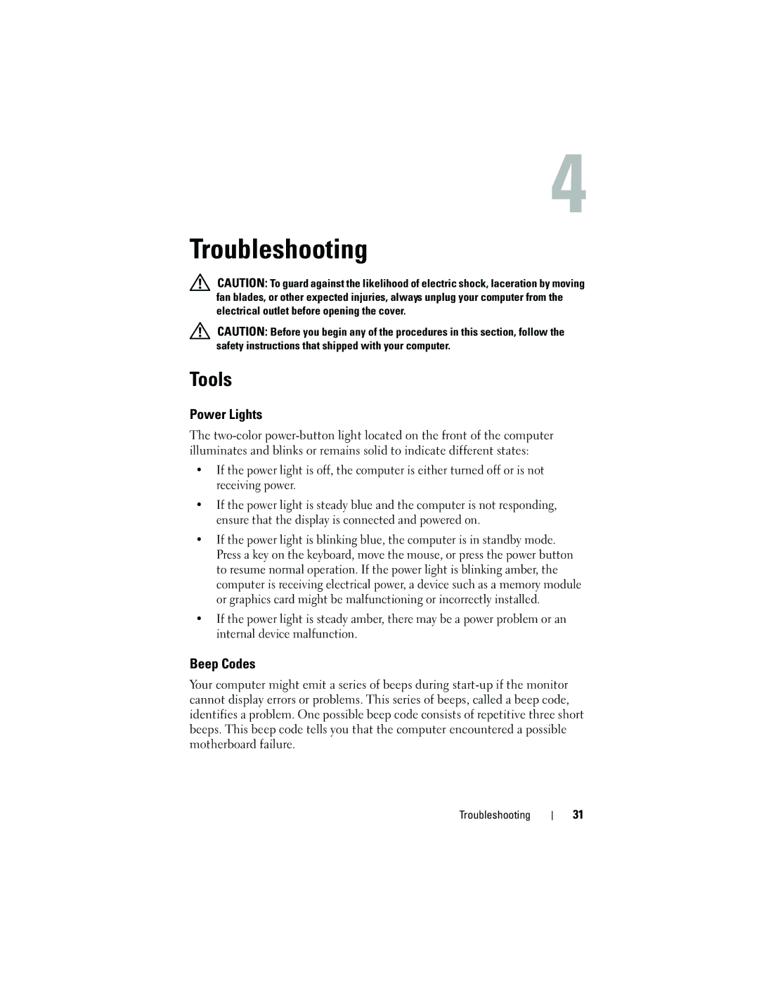 Dell 1310 specifications Troubleshooting, Tools, Power Lights, Beep Codes 