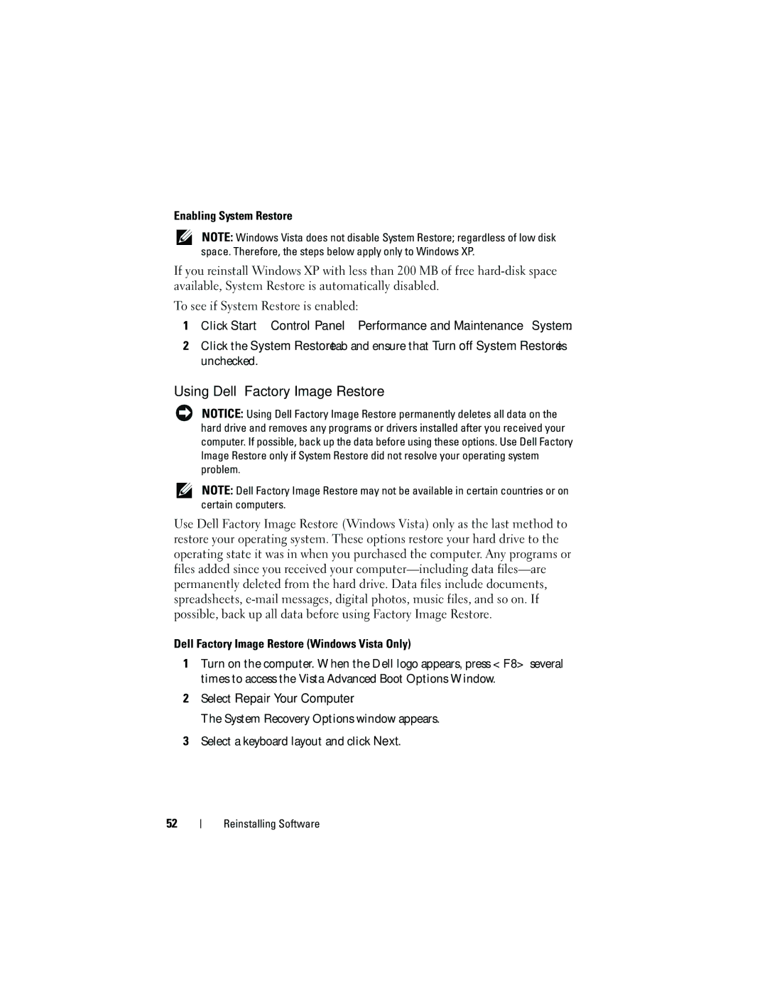 Dell 1310 Using Dell Factory Image Restore, Enabling System Restore, Dell Factory Image Restore Windows Vista Only 