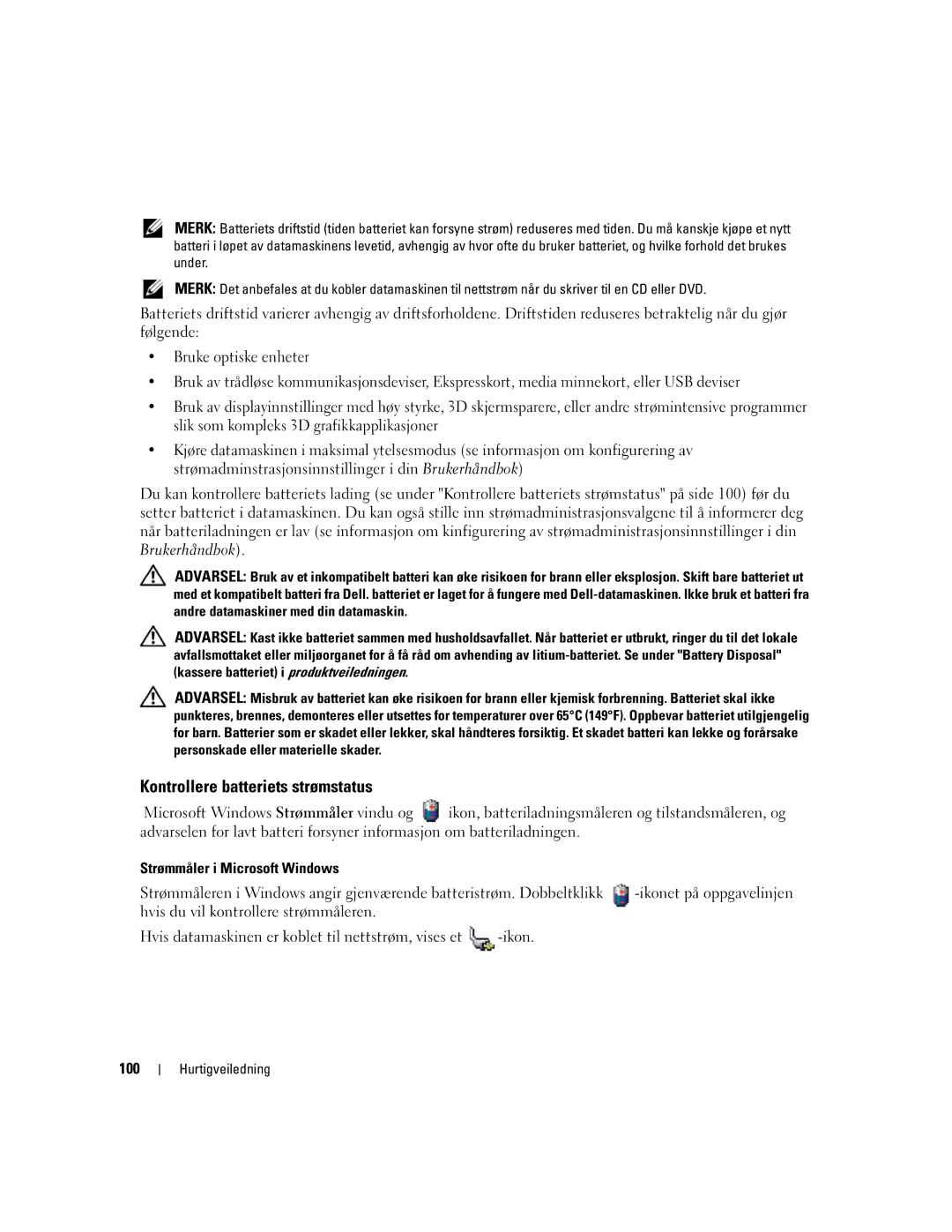 Dell GU434, 131L, PP23LB manual Kontrollere batteriets strømstatus, Strømmåler i Microsoft Windows, 100 