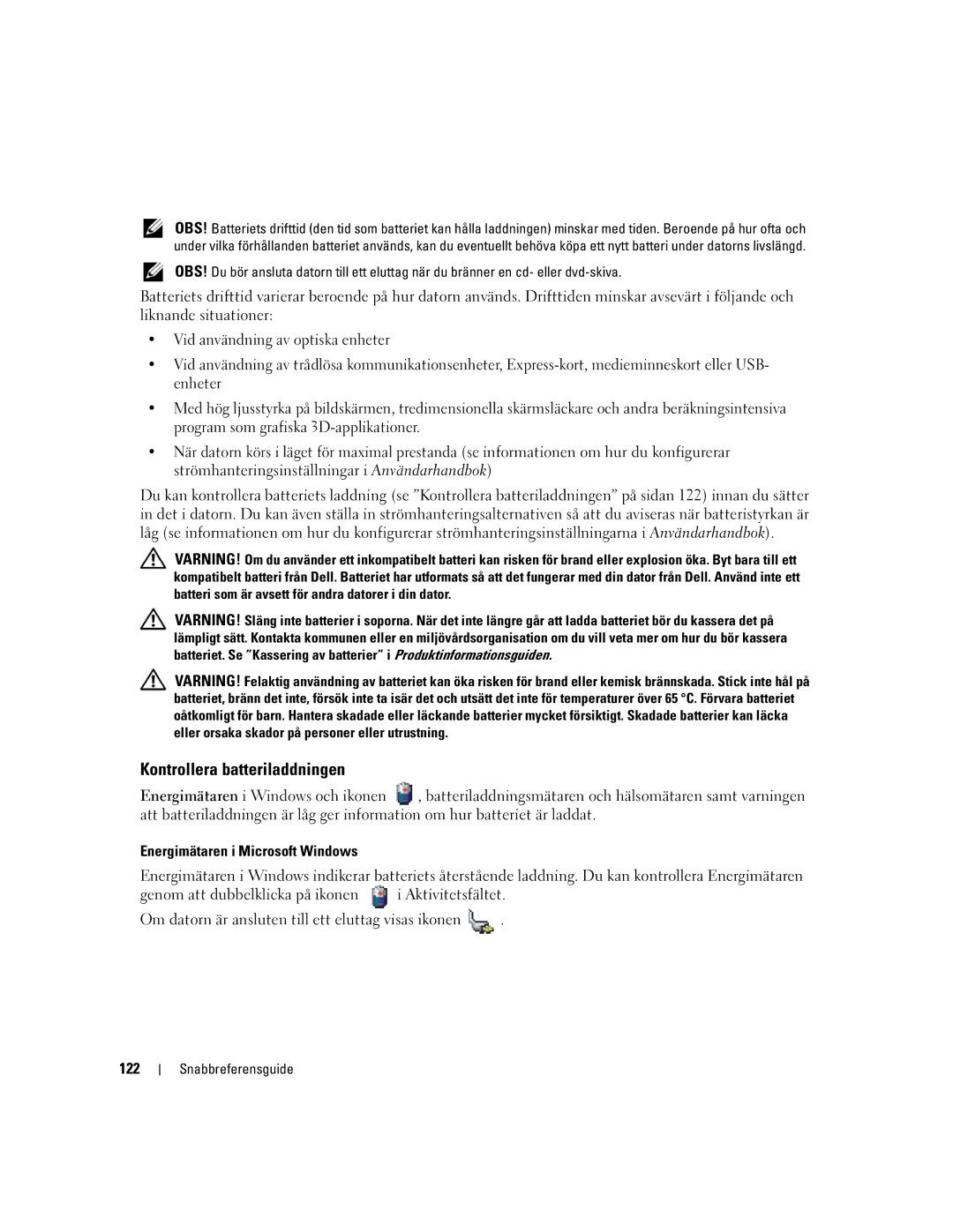 Dell PP23LB, 131L, GU434 manual Kontrollera batteriladdningen, Energimätaren i Microsoft Windows, 122 