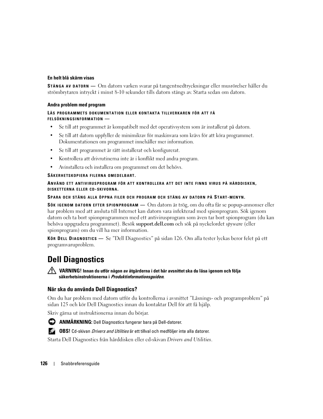 Dell 131L, GU434, PP23LB manual När ska du använda Dell Diagnostics?, En helt blå skärm visas, Andra problem med program, 126 