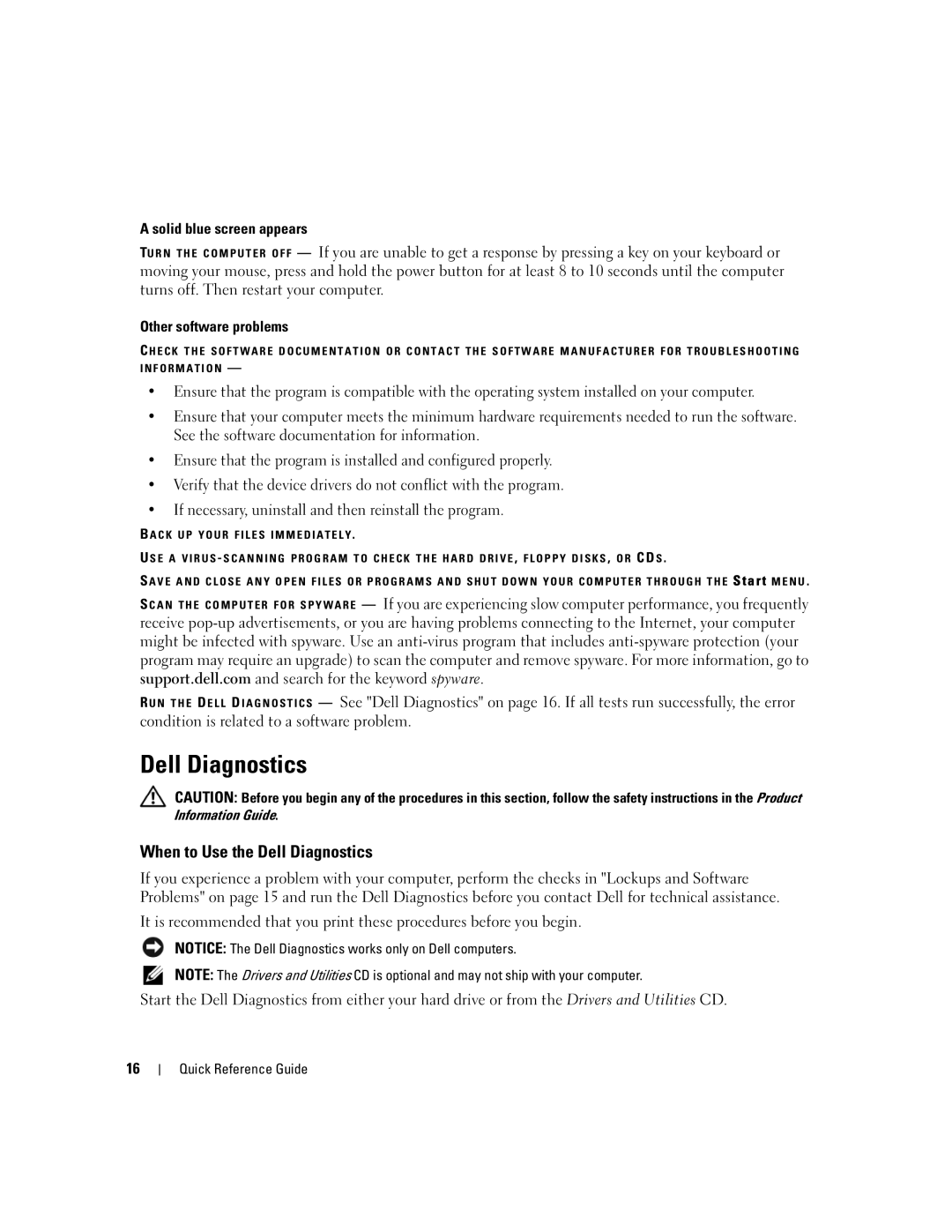 Dell GU434, 131L, PP23LB manual When to Use the Dell Diagnostics, Solid blue screen appears, Other software problems 