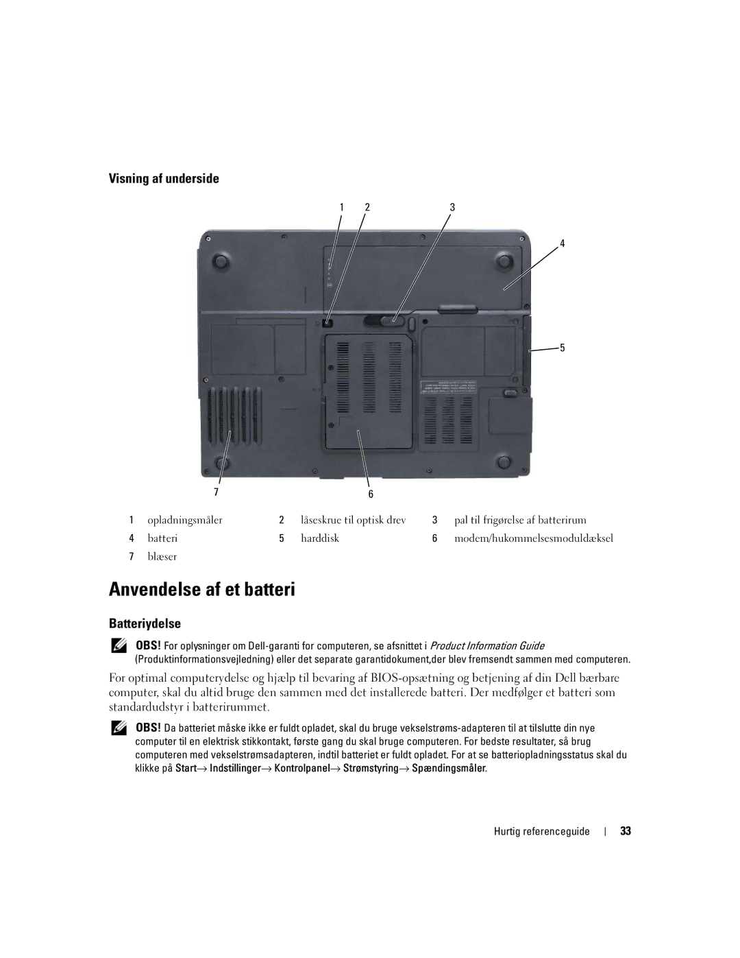 Dell 131L, GU434, PP23LB manual Anvendelse af et batteri, Visning af underside, Batteriydelse 