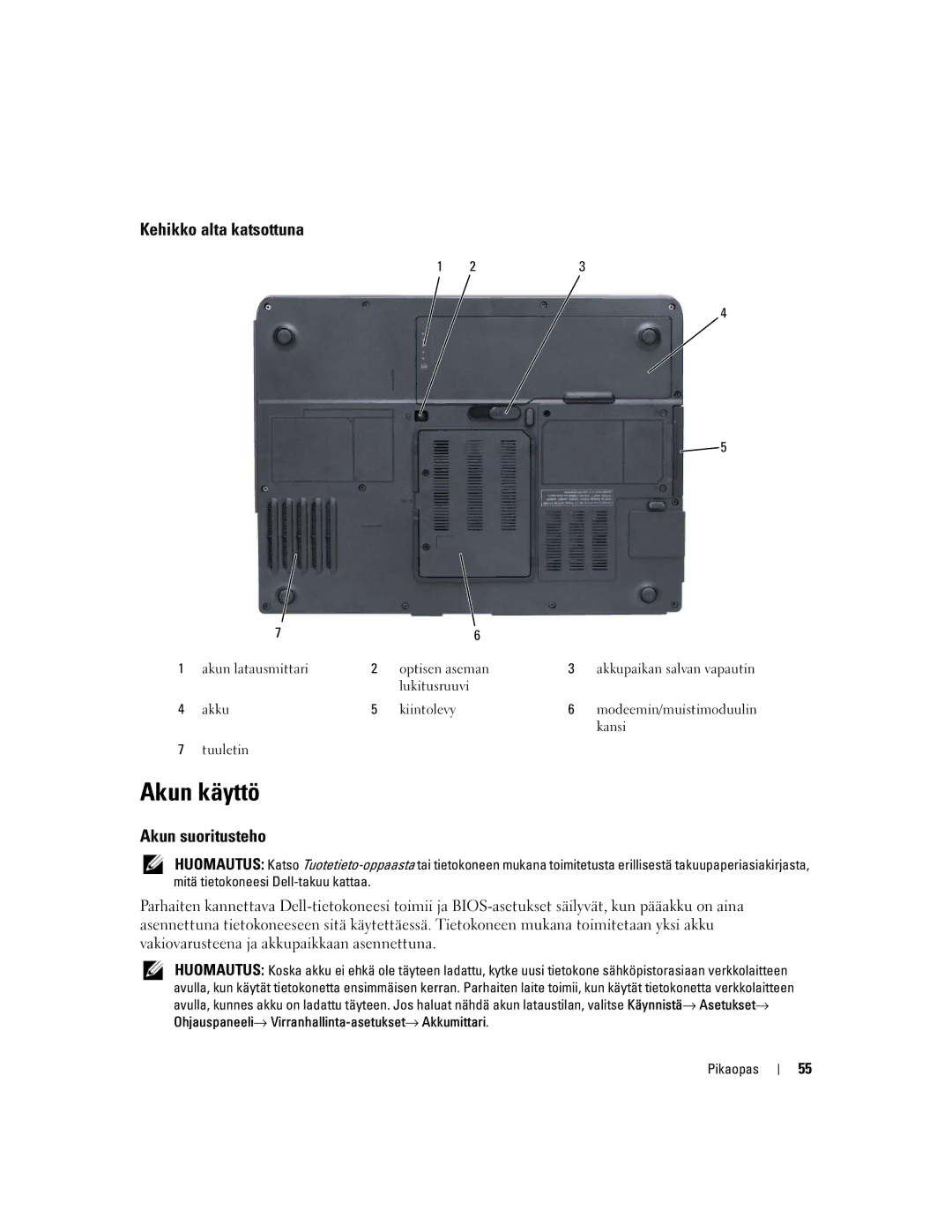 Dell GU434, 131L, PP23LB manual Akun käyttö, Kehikko alta katsottuna, Akun suoritusteho 