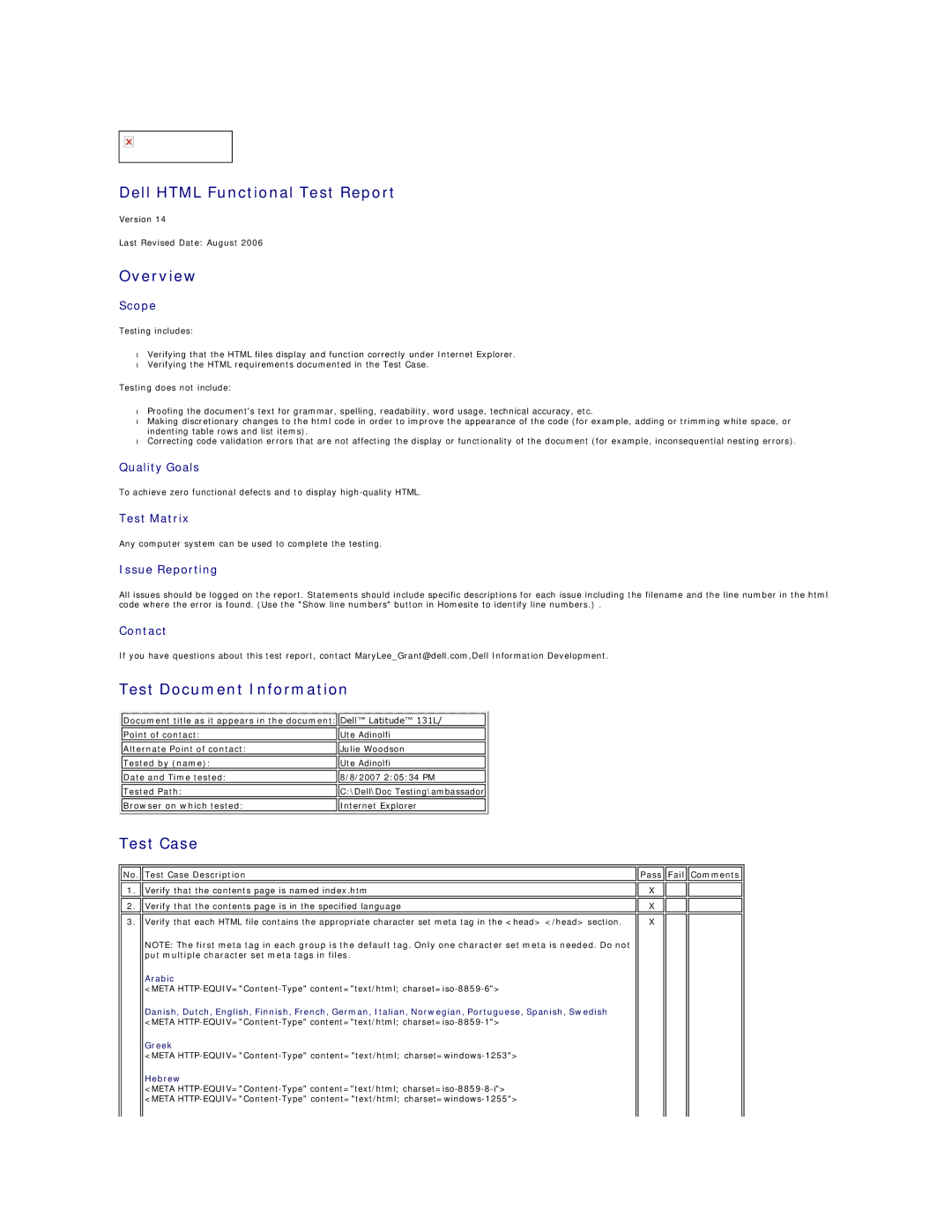 Dell 131L manual Dell Html Functional Test Report, Overview, Test Document Information, Test Case 