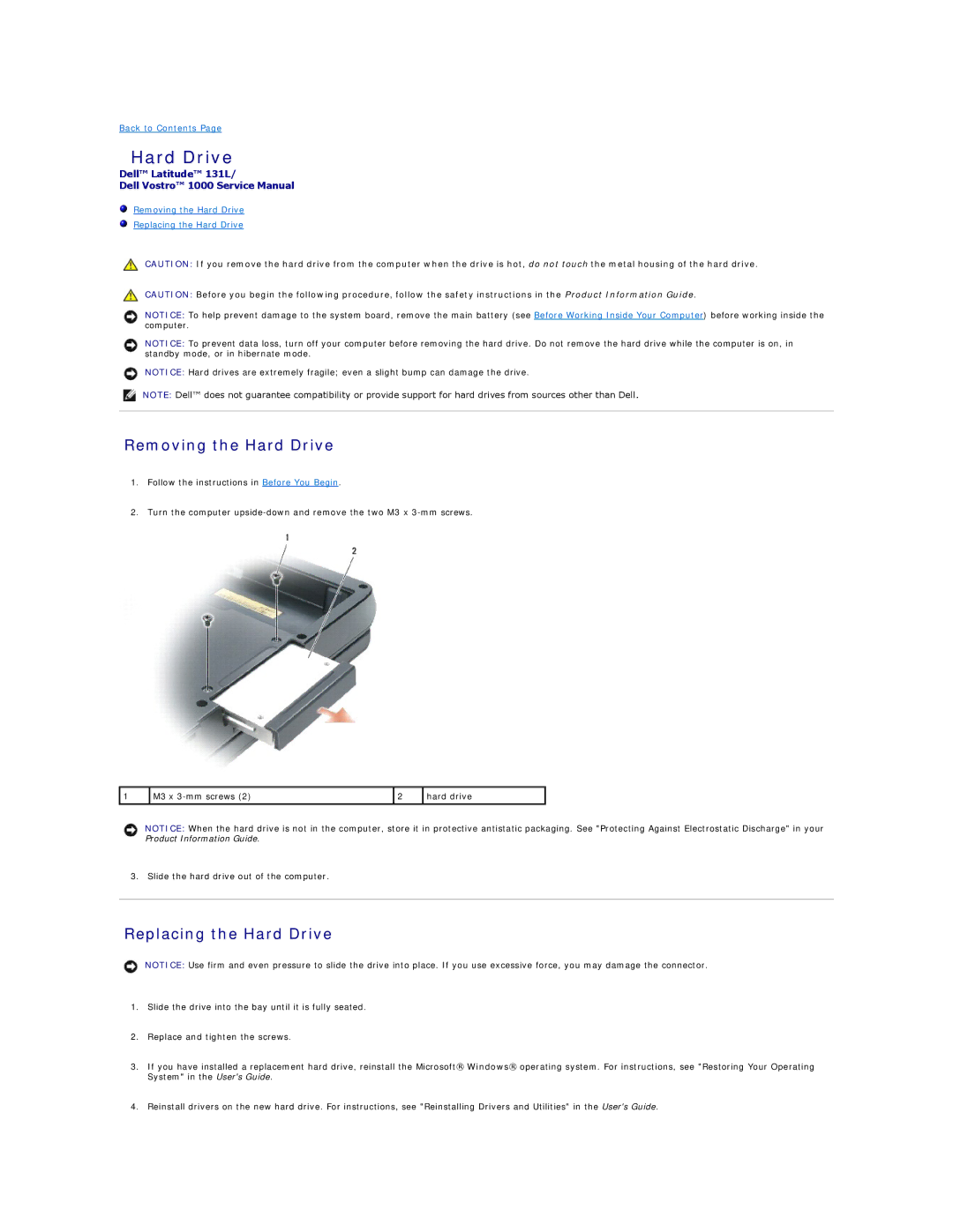 Dell 131L manual Removing the Hard Drive, Replacing the Hard Drive 