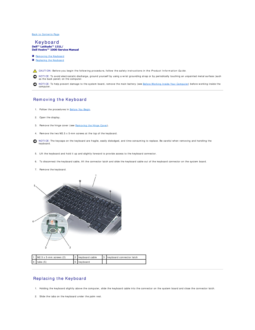 Dell 131L manual Removing the Keyboard, Replacing the Keyboard 