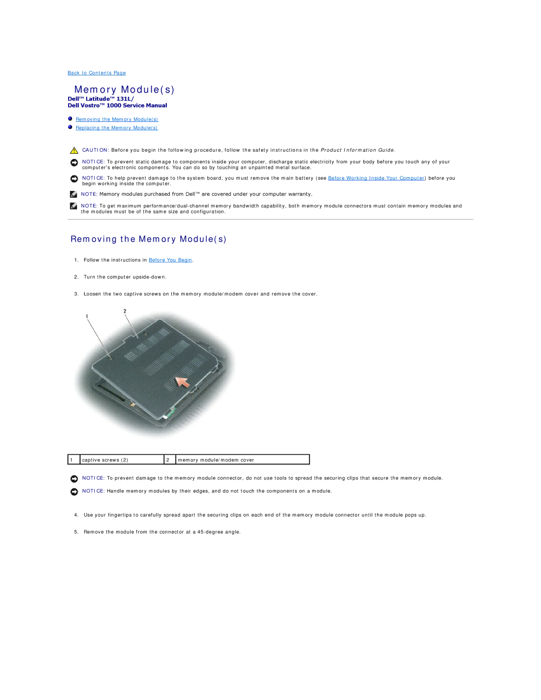 Dell 131L manual Removing the Memory Modules 