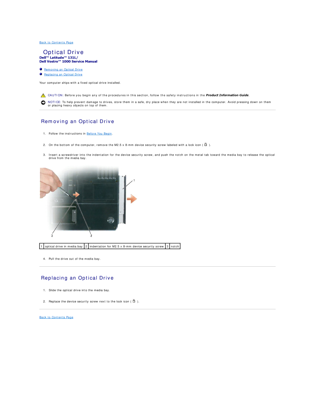 Dell 131L manual Removing an Optical Drive, Replacing an Optical Drive 