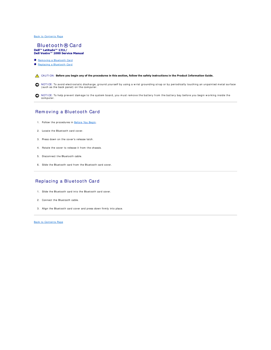 Dell 131L manual Removing a Bluetooth Card, Replacing a Bluetooth Card 
