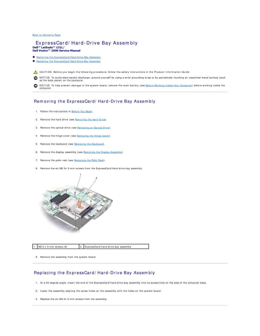 Dell 131L manual Removing the ExpressCard/Hard-Drive Bay Assembly, Replacing the ExpressCard/Hard-Drive Bay Assembly 