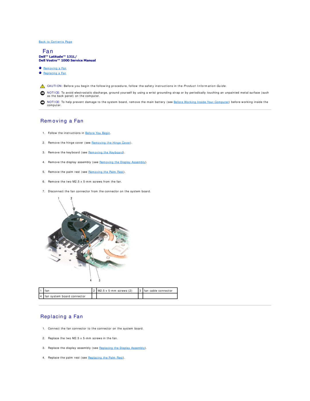 Dell Removing a Fan Replacing a Fan, Dell Latitude 131L Dell Vostro 1000 Service Manual, Back to Contents Page 