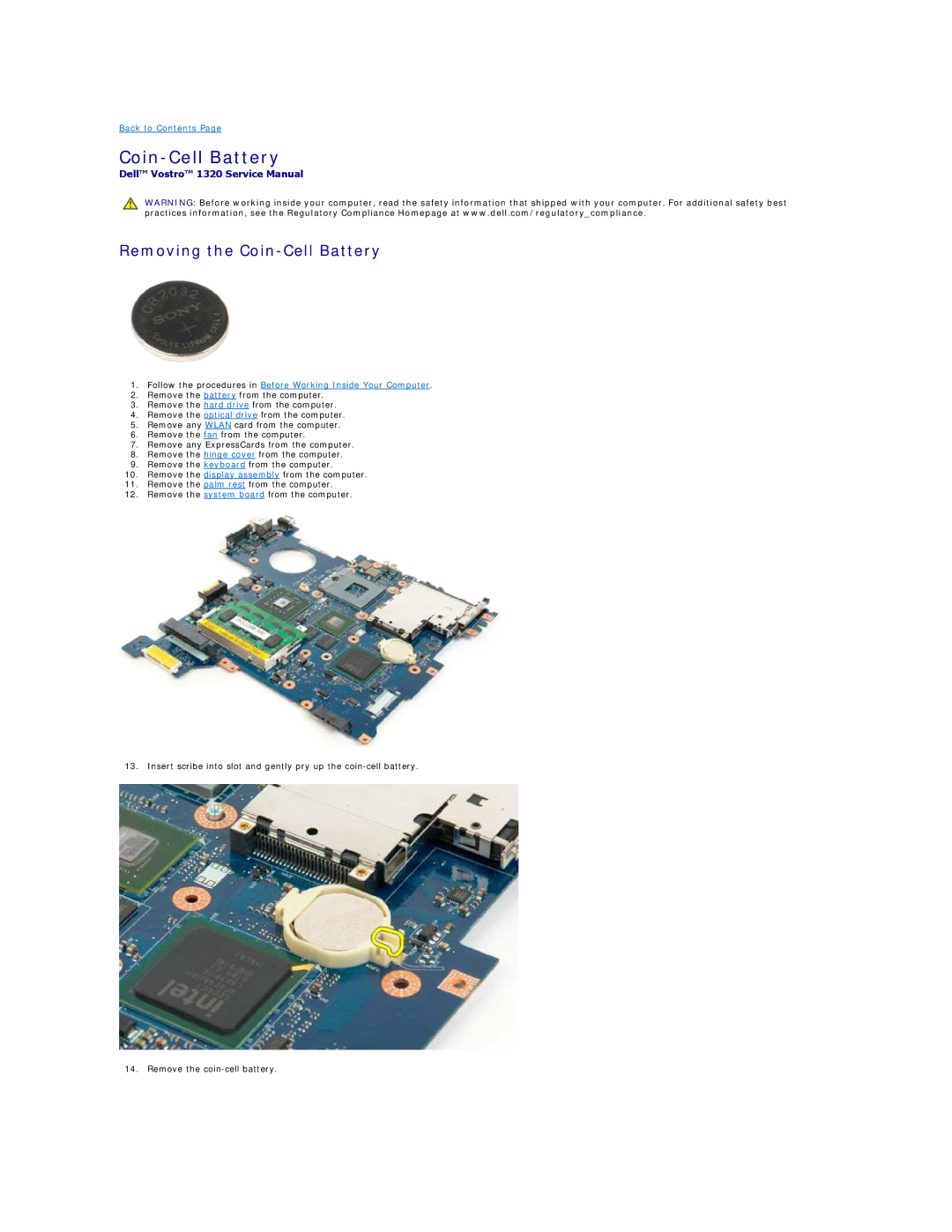 Dell 1320 specifications Removing the Coin-Cell Battery 