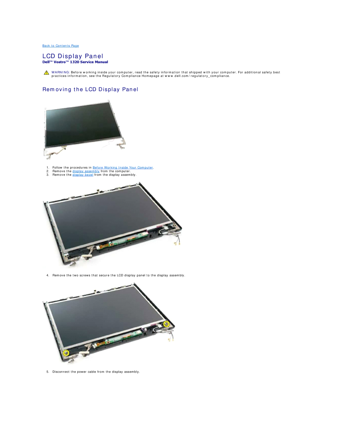 Dell 1320 specifications Removing the LCD Display Panel 