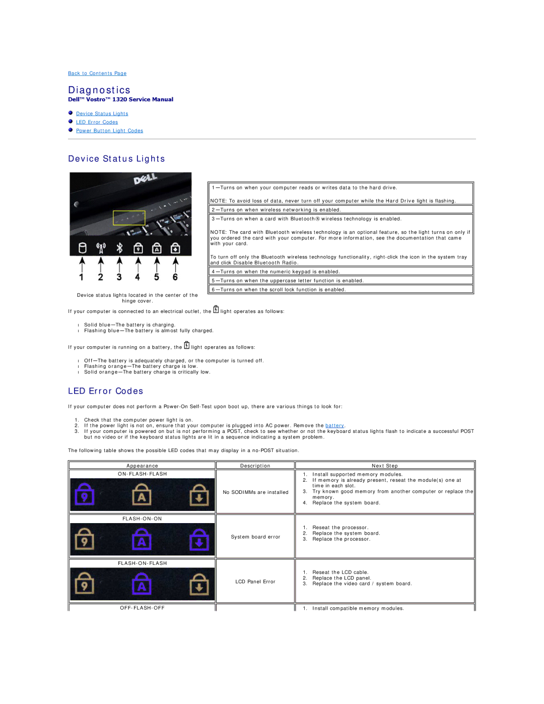 Dell 1320 specifications Diagnostics, Device Status Lights, LED Error Codes 