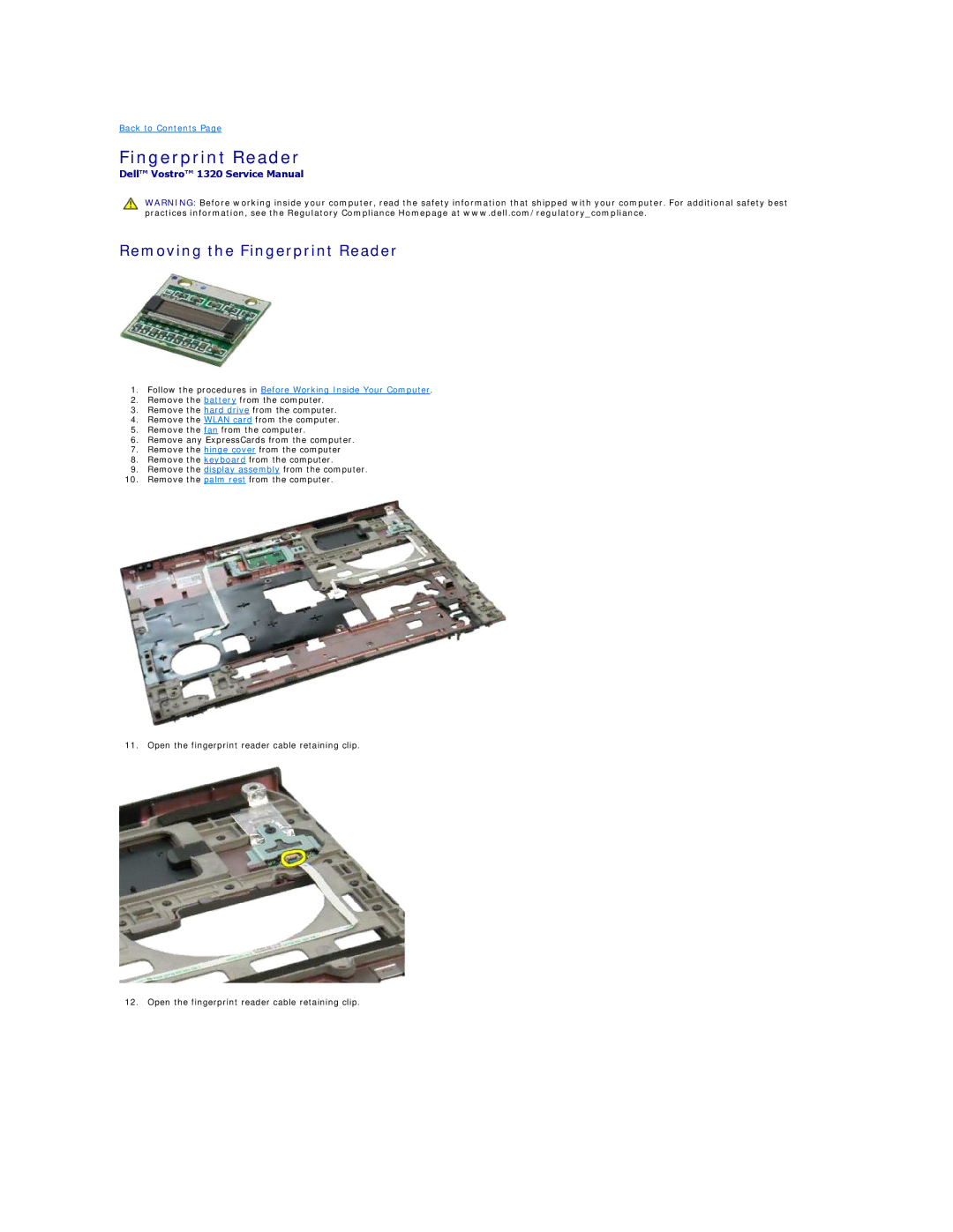 Dell 1320 specifications Removing the Fingerprint Reader 