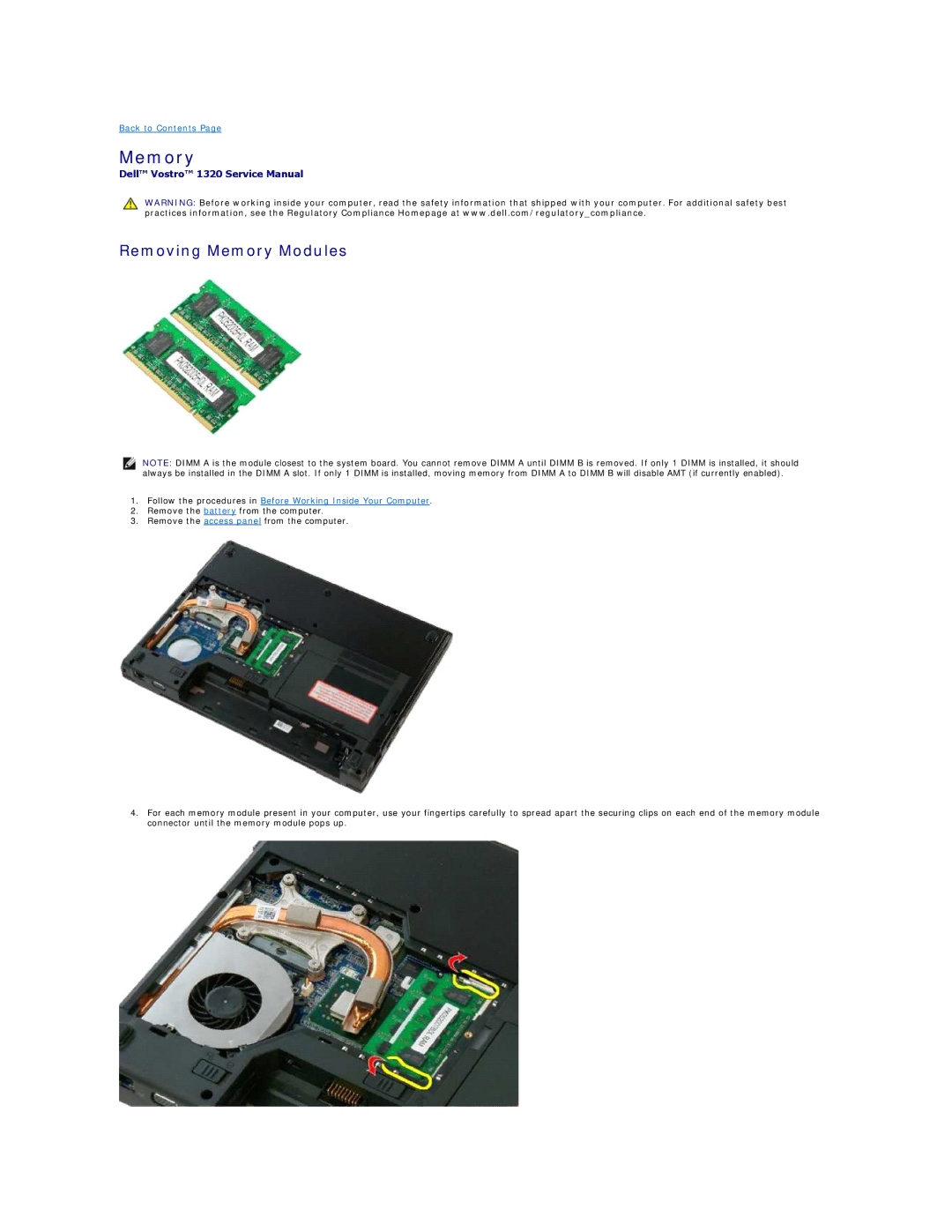 Dell 1320 specifications Removing Memory Modules 