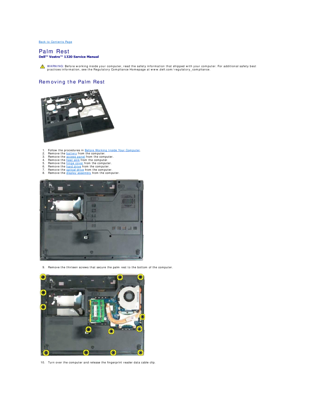 Dell 1320 specifications Removing the Palm Rest 