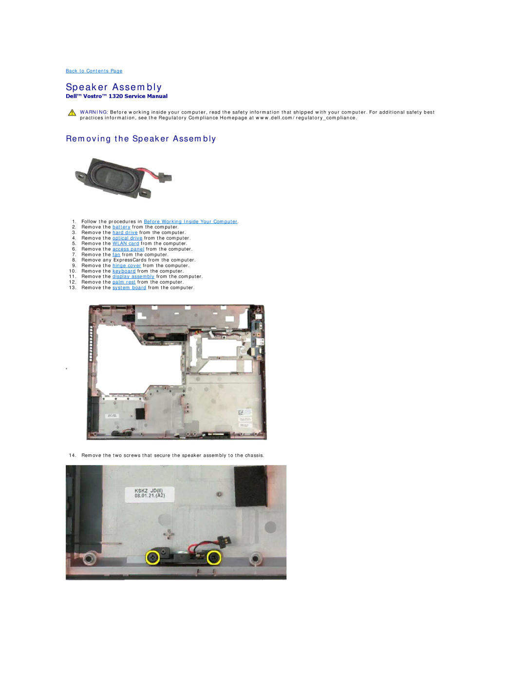 Dell 1320 specifications Removing the Speaker Assembly 