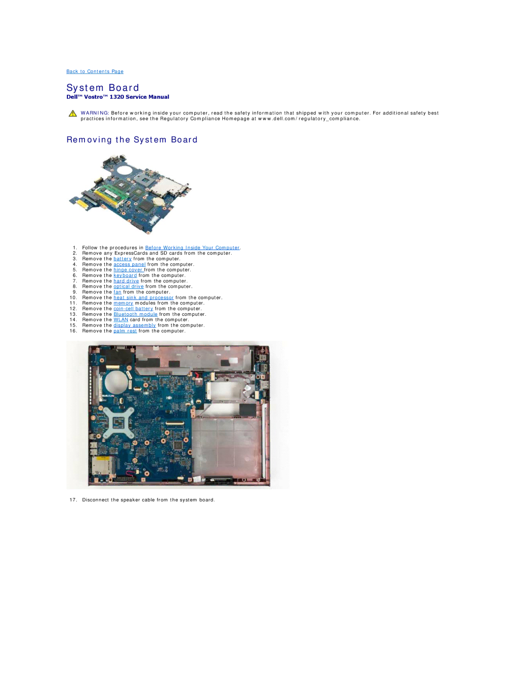 Dell 1320 specifications Removing the System Board 