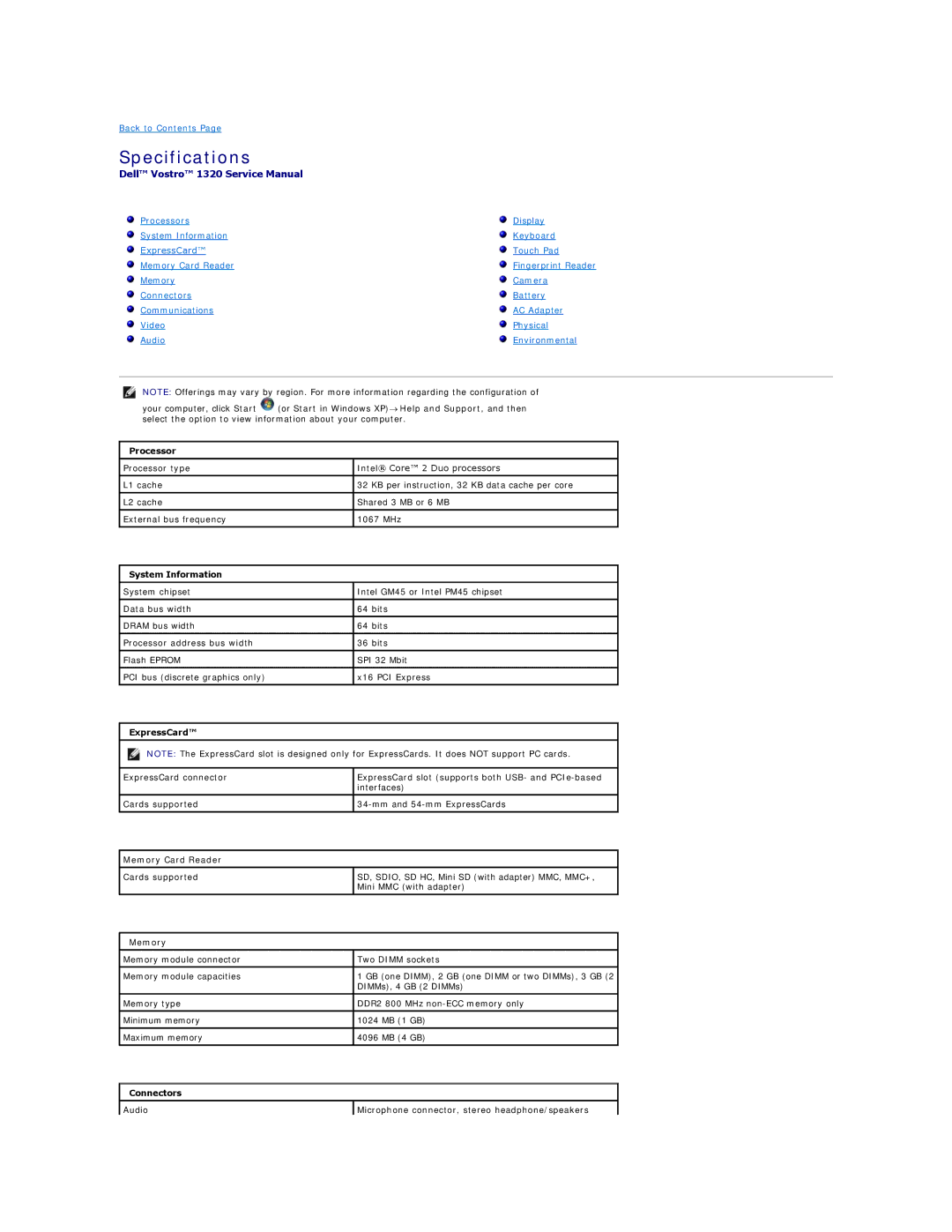 Dell 1320 specifications Specifications, Processor 