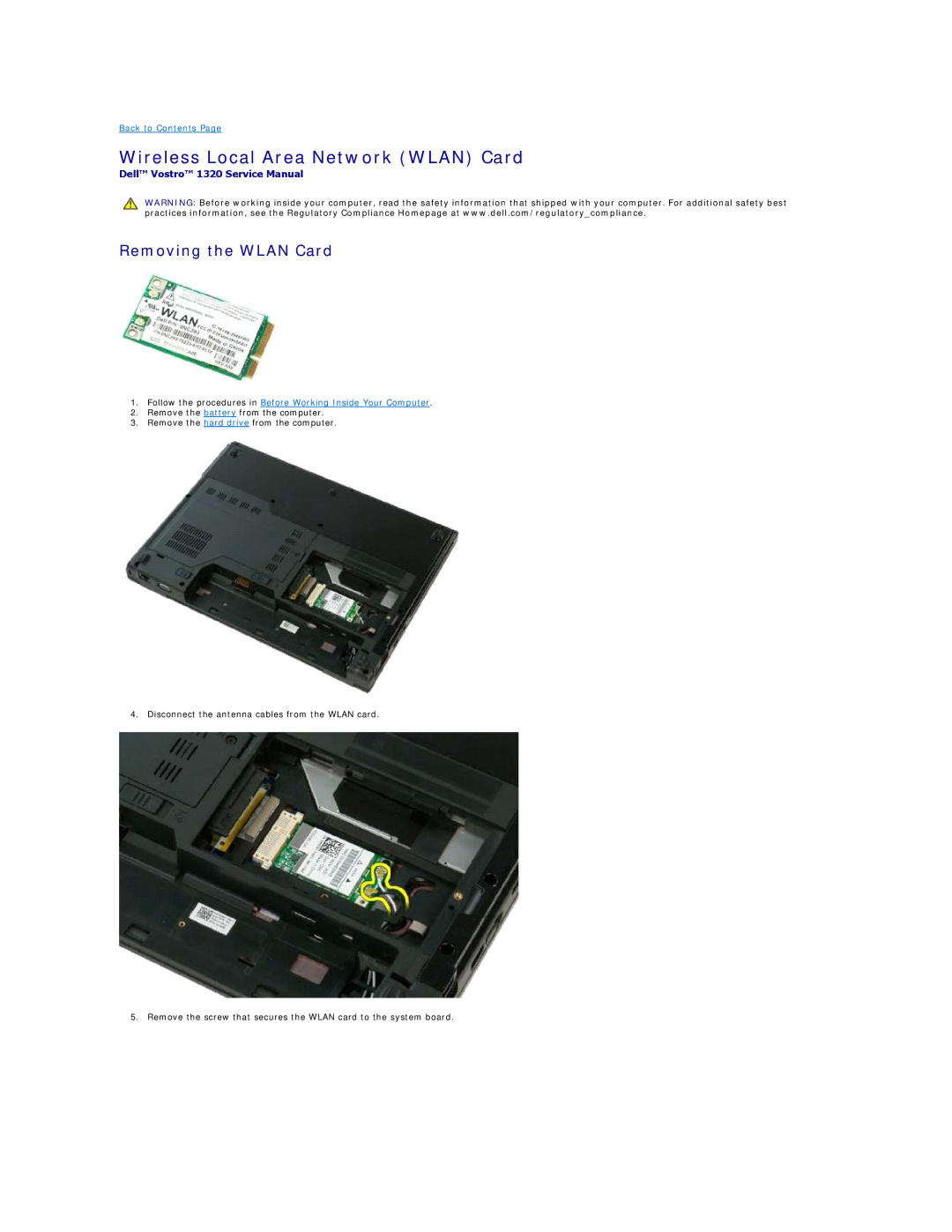Dell 1320 specifications Wireless Local Area Network Wlan Card, Removing the Wlan Card 