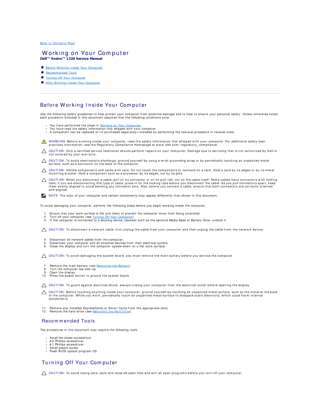 Dell 1320 specifications Working on Your Computer, Before Working Inside Your Computer, Turning Off Your Computer 