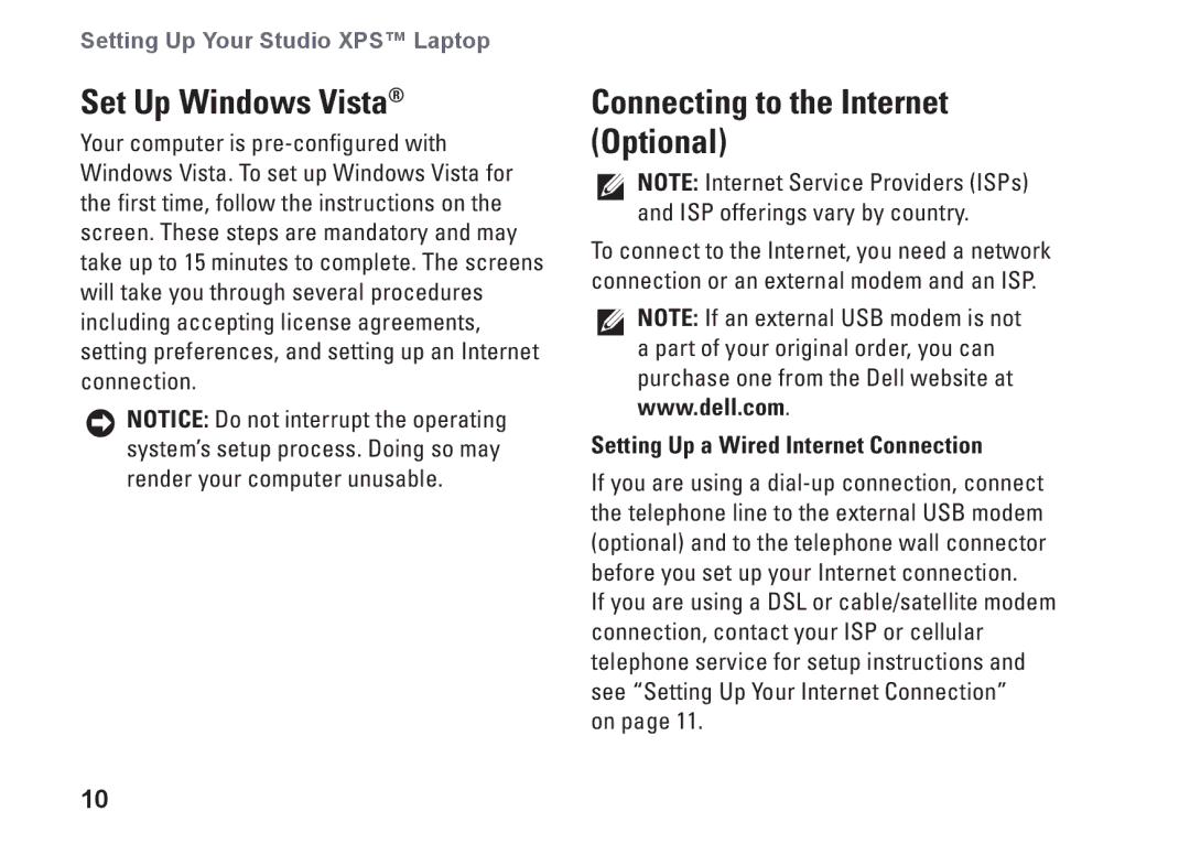 Dell 1340, P464C, PP17S Set Up Windows Vista, Connecting to the Internet Optional, Setting Up a Wired Internet Connection 