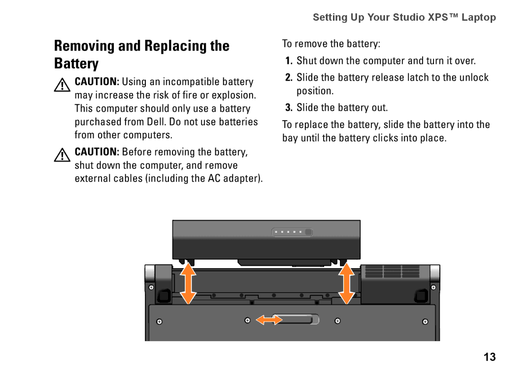 Dell 1340, P464C, PP17S setup guide Removing and Replacing Battery 