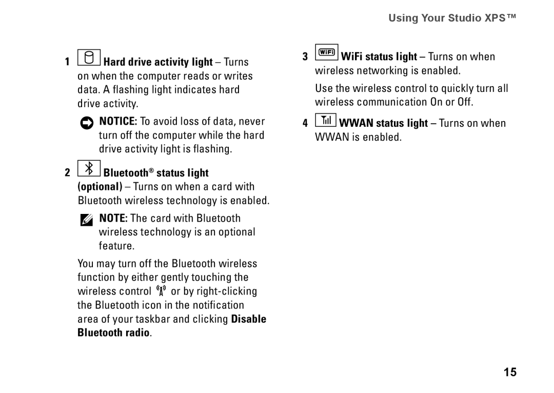 Dell PP17S, 1340, P464C setup guide Using Your Studio XPS, Wwan status light Turns on when Wwan is enabled 