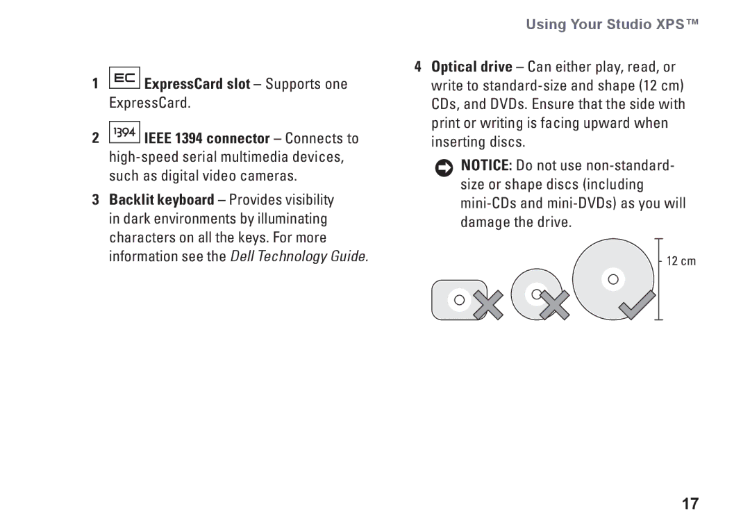 Dell P464C, 1340, PP17S setup guide ExpressCard slot Supports one ExpressCard 