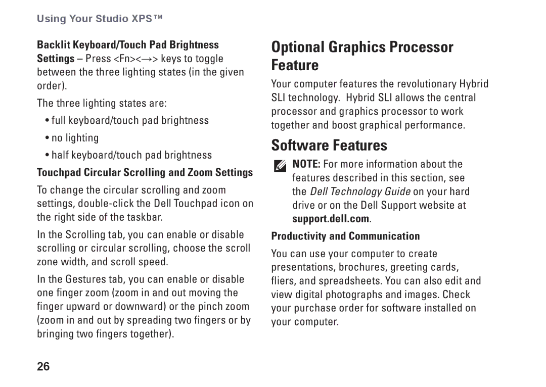 Dell P464C, 1340, PP17S setup guide Optional Graphics Processor Feature, Software Features, Productivity and Communication 