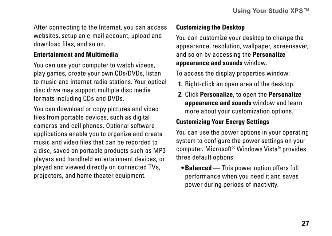 Dell PP17S, 1340, P464C setup guide Entertainment and Multimedia, Customizing the Desktop, Customizing Your Energy Settings 