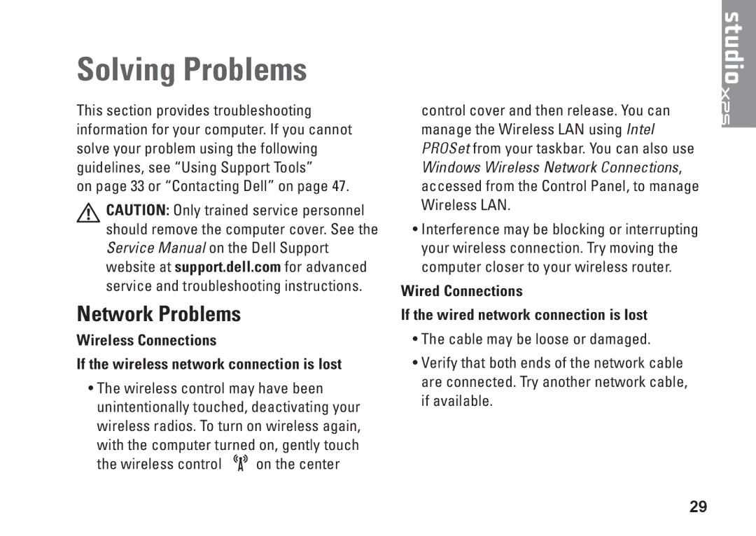 Dell P464C, 1340, PP17S Solving Problems, Network Problems, Wired Connections If the wired network connection is lost 