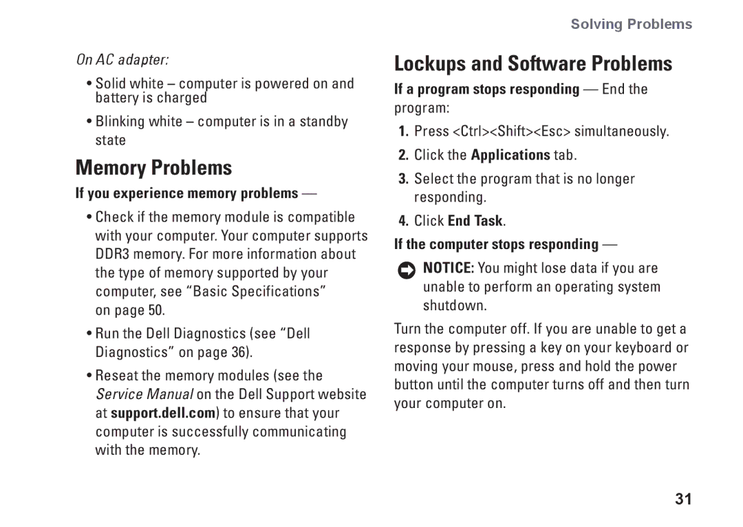 Dell 1340, P464C, PP17S setup guide Memory Problems, Lockups and Software Problems, If you experience memory problems 