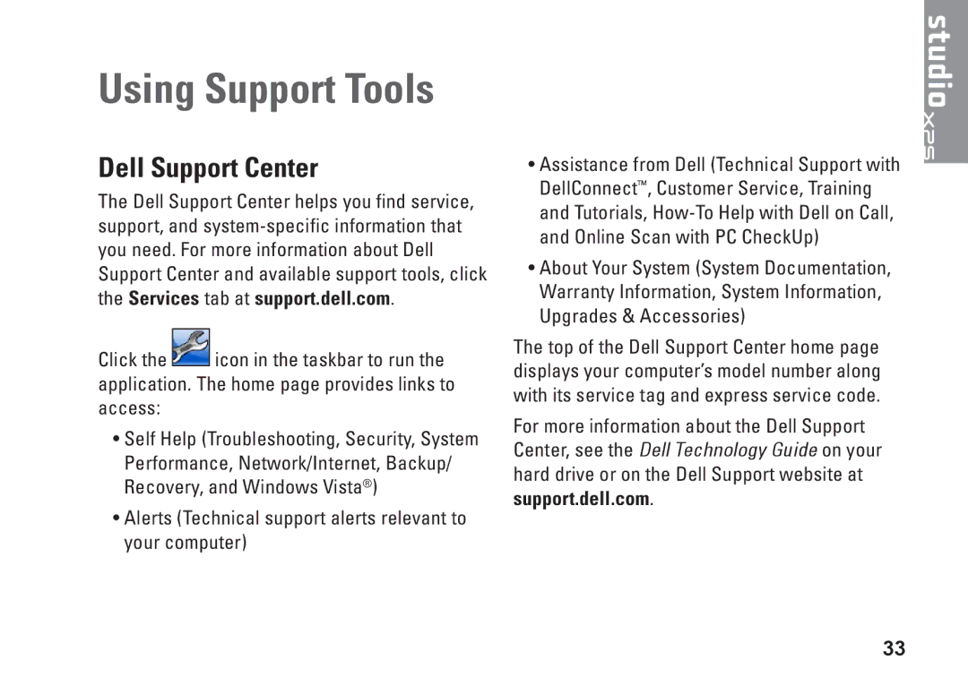 Dell PP17S, 1340, P464C setup guide Using Support Tools, Dell Support Center 