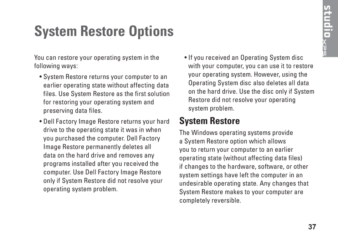 Dell 1340, P464C, PP17S setup guide System Restore Options 