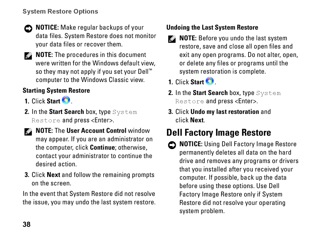 Dell P464C, 1340, PP17S setup guide Dell Factory Image Restore, Starting System Restore, Undoing the Last System Restore 